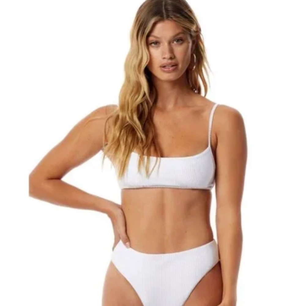 New! Tori Praver White Ribbed Cooper Bikini Top